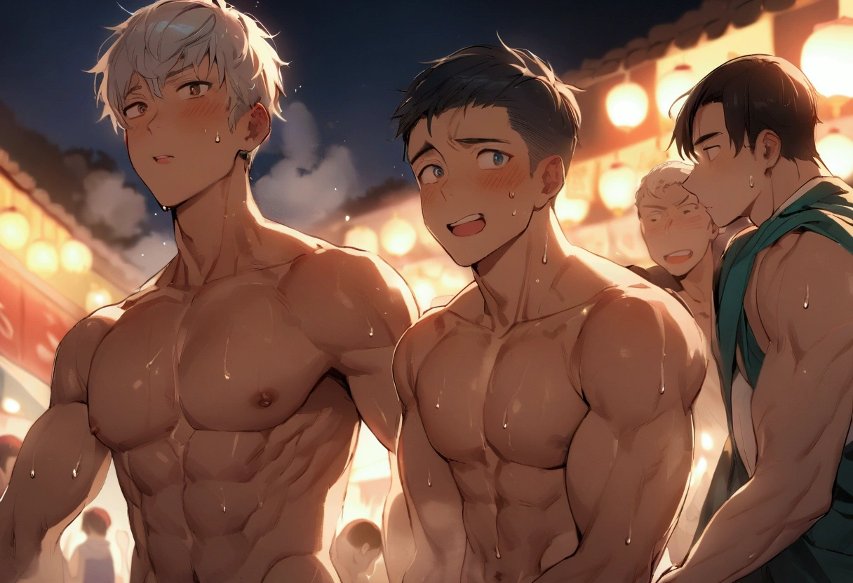 4boys、Highest quality、High resolution、Super detailed、perfect anatomy、(muscular male:1.3)、(father:0.2)、15yo、gay、Blue Hair、Blonde、Black Hair、Gray Hair、Red hair、Short Hair、Sports haircut、short hair、Brown skin、(sweat:1.3)、steam、night、Summer festival、（Wearing Jinpei:1.1）、enjoy、wide view