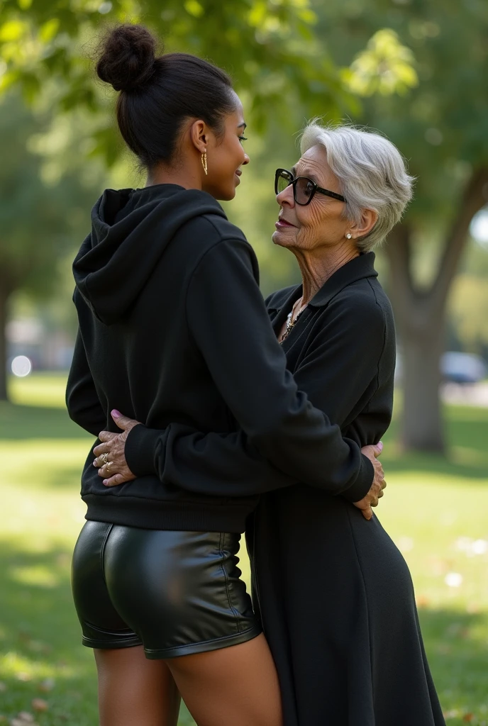 black woman hair in a bun black hoodie black leather short shorts bending over getting fucked in the ass by a old ugly woman in a dress in a park