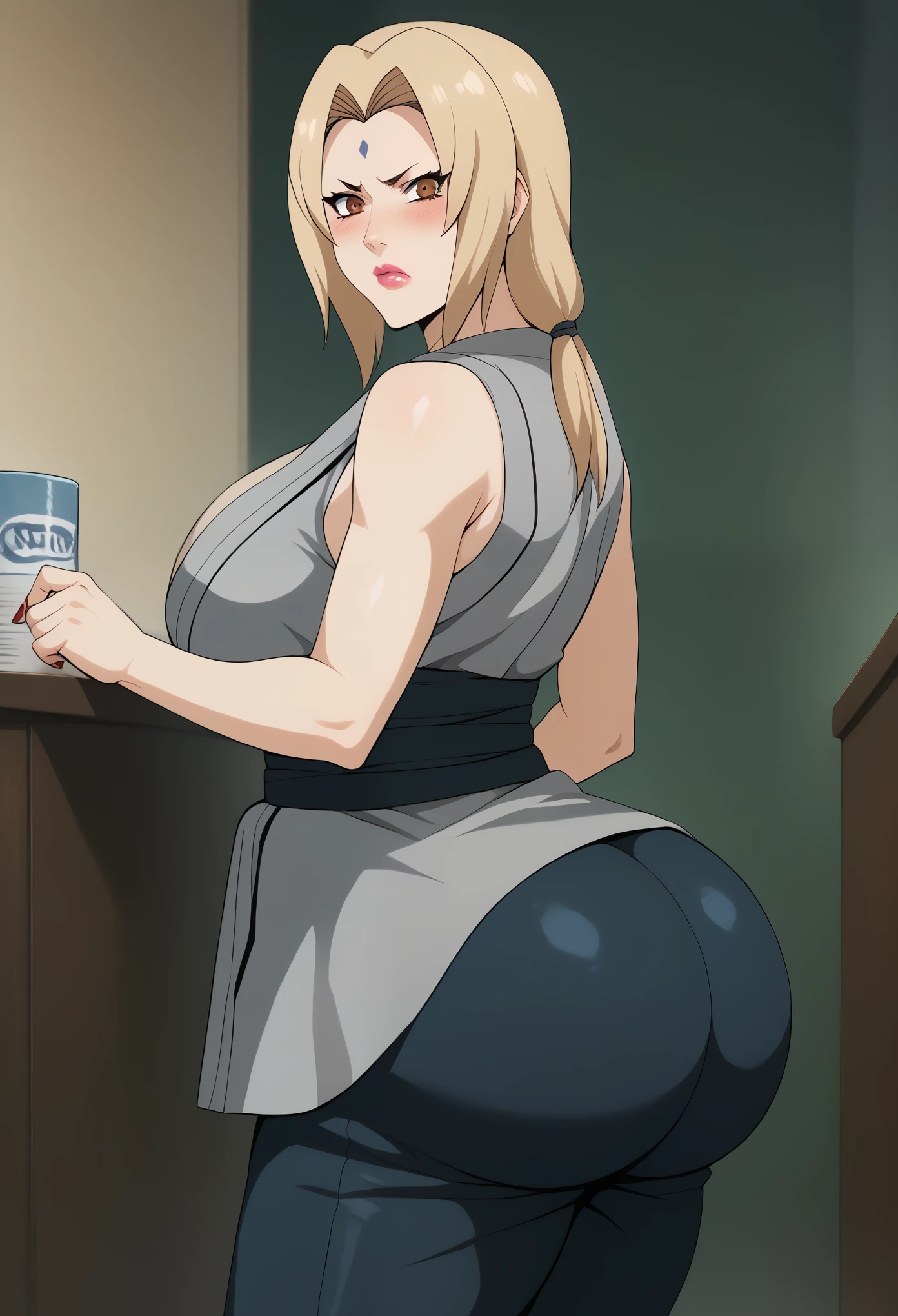 score_9, score_8_up, score_7_up, BREAK, score_9, Lady Tsunade, Tsunade Senju, granny Tsunade, ChopioTsunade, blonde hair, long hair, big lips, plump lips, standing close to viewer,  bathroom backround, low twintails, hair tie, brown eyes, forehead mark, pink lipstick, mature female, milf, K-cup size breasts, large breasts, huge butt, red nails, outfit_2, grey kimono, sleeveless kimono, collarbone, blue obi, blue pants, solo, 1girl, looking at viewer, curvy body, thick body, curvy, small waist, b cowboy huge butt, shot, ass, ass covered by her pants, pants slipping slightly down, embarrassed, blushing, annoyed look, showing bare buttcrack slichtly, big ass, huge breasts, big breasts, thick thighs, wide hips, from behind, 