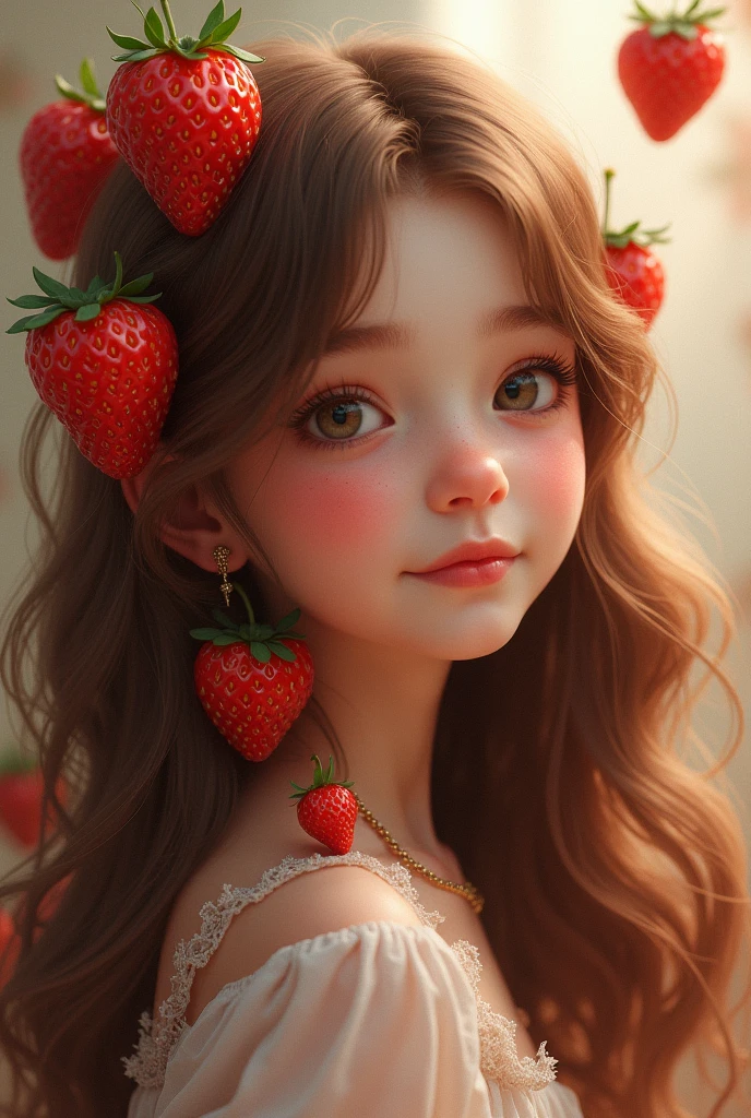 Long haired cute girl with strawberries on her hair
