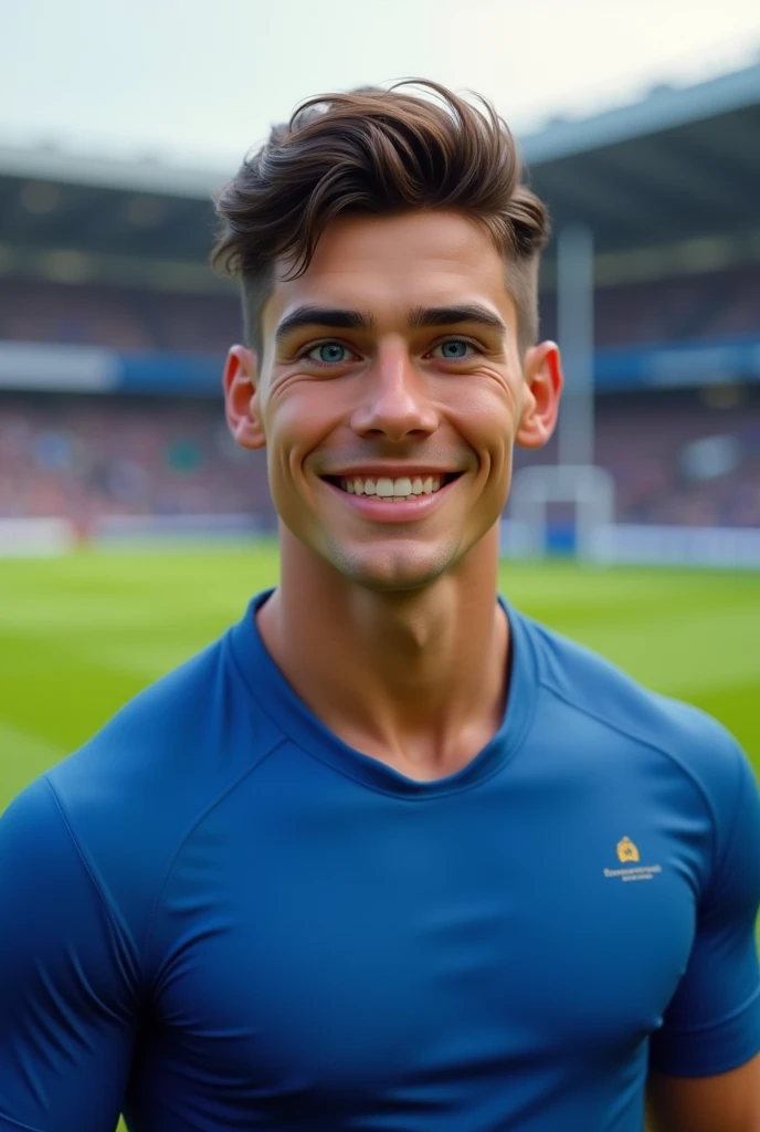 I want a young man of 1, beautiful, with dark brown hair and blue eyes, Without beard, clean face, dressed as a rugby player in blue, well defined jaw, expressive eyes, smiling, background a rugby field, Layers