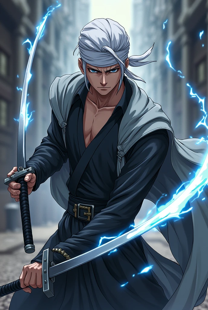 Anime style, a person, a swordsman, with a white bandana tied around his head, he has two swords, which emanate black and white auras, his clothes are black, and he has a grayish cape