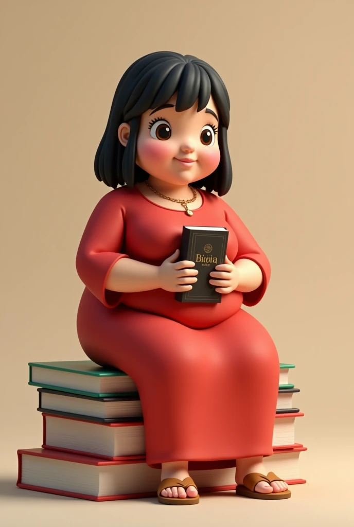 Comando: Create a 3D illustration of an animated Brazilian character sitting casually on top of "textbooks". The character must wear a long red dress with sleeves, shoulder length hair black and straight, brunette skin, slanted eyes, very fat and round, " ears without earrings and without necklaces around the neck," with sandals on his feet and holding a Bible, looking straight ahead. The background of the image is a profile page with the username "Amelia" and a matching profile photo.