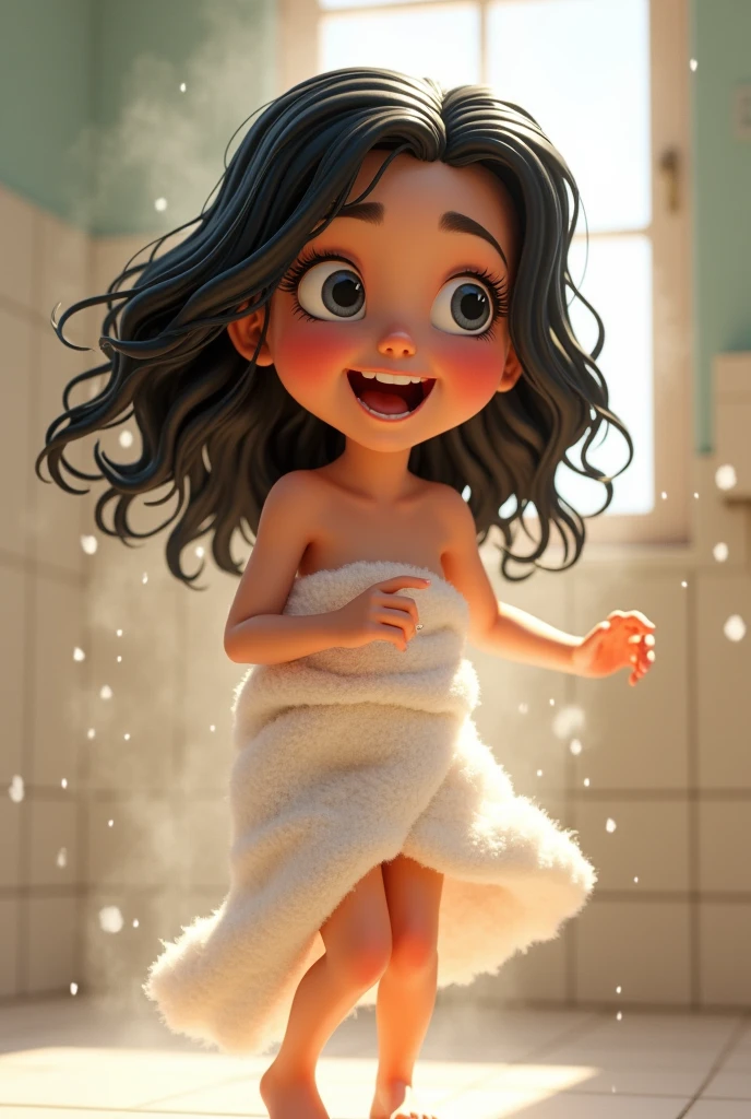 Generates a Disney Pixar type image of a white girl with black hair dancing in the shower with a towel with wet hair 



