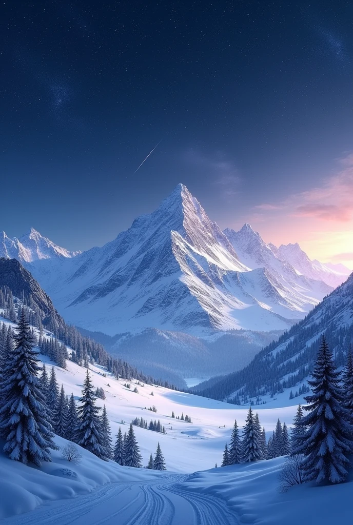 Create a horizontal image of a starry night landscape at the mountainous North Pole with trees
