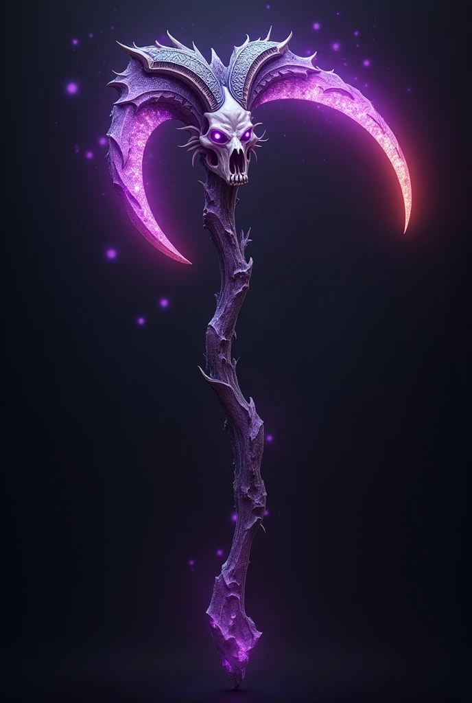 create a scythe with a purple and red aura, with a goat skull with amethyst eyes, with only one blade to the left side