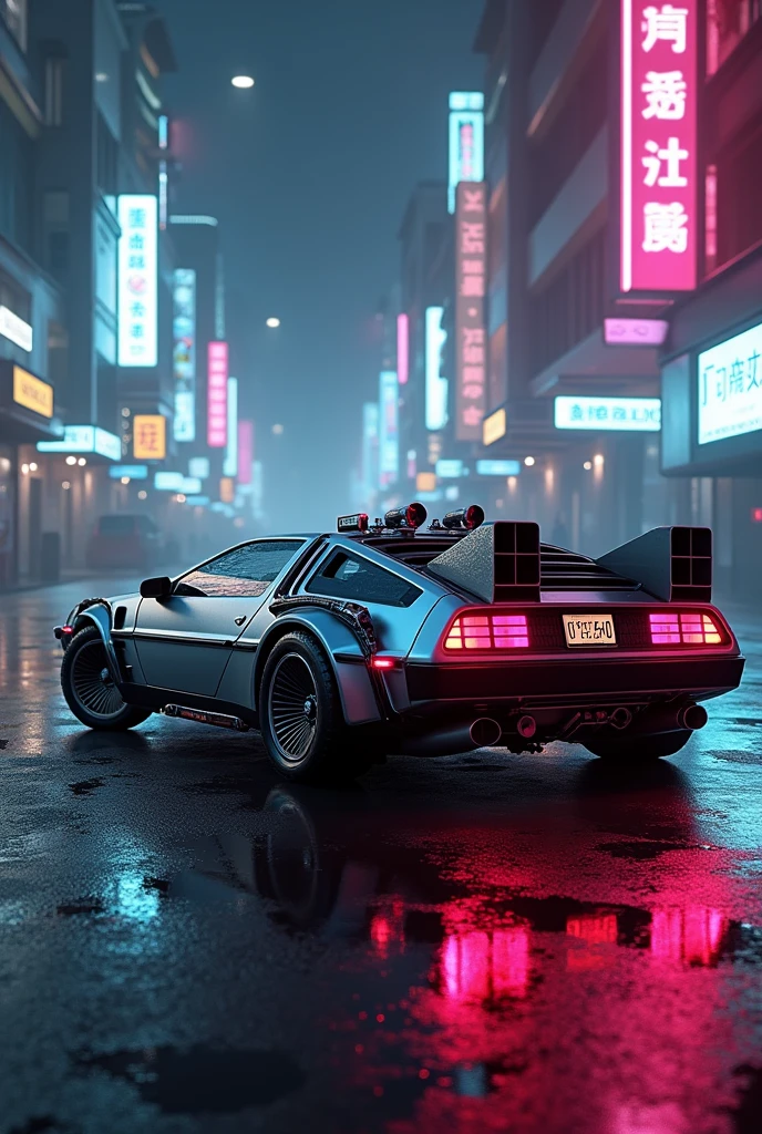 Delorean Lamborghini concept back to future, high tech, futuristic vehicle, 1980s car, retro-futurism, cyberpunk, highly detailed, cinematic lighting, neon lights, chrome details, grungy, wet reflective surfaces, volumetric fog, dramatic camera angle, intricate mechanical parts, complex dashboard, glowing holographic interfaces, best quality, 8k, photorealistic, ray tracing, unreal engine