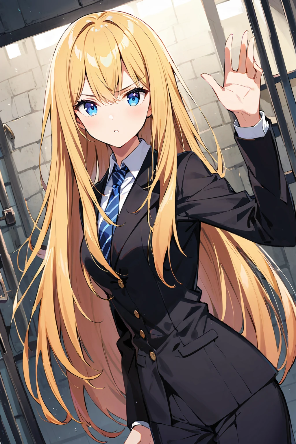 A young woman stands in front of a prison, bright blonde long hair, standing in the prison office, dark blue eyes, prison background,wearing black suits,((dynamic angle)),((dynamic pose)),