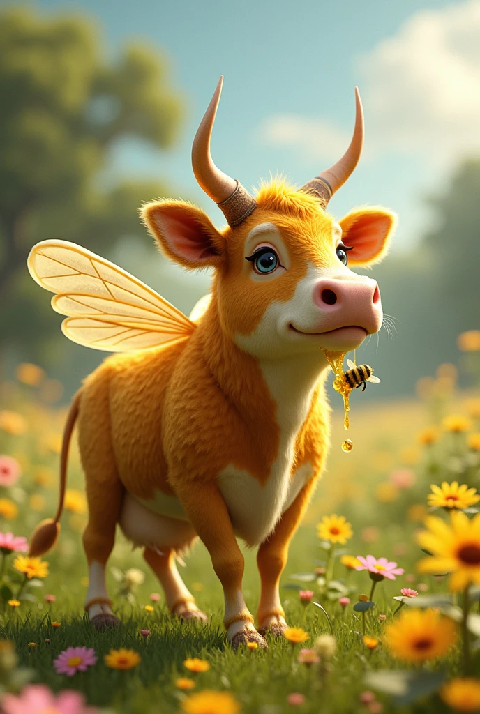 A cow and bee mixed together, produced honey milk, female, adult sized