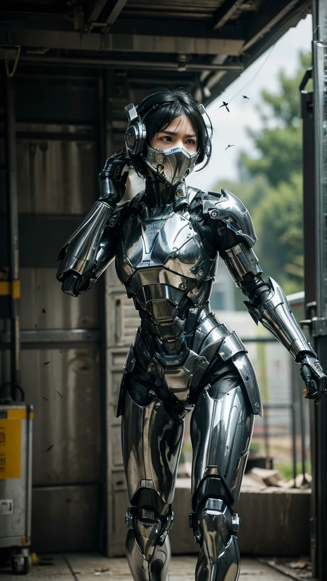 Textured skin, Very detailed, Attention to detail, high quality, 最high quality, High resolution, 1080P, hard disk, beautiful,(War Machine),beautifulサイボーグ女性,Mecha Cyborg Girl,BATTLE MODE,Girl with a mechanical body　Black Hair　Short Hair Boyish　Dark green armor　Sweaty and wet face　(Hitting a wall)(The headgear breaks and flies away)　(Flying debris)Steam coming out of my head　Steam coming out of the whole body　Painful expression　Please open your mouth wide　Snug-fitting headgear　Black Inner Suit　Full body portrait　Gas mask with a long nozzle（front）