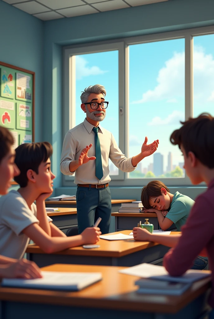Professor Alex is teaching science. He is explaining about the generation of raining. Students are looking the picture of raining and discussing. David, one of the students, is sleeping. 