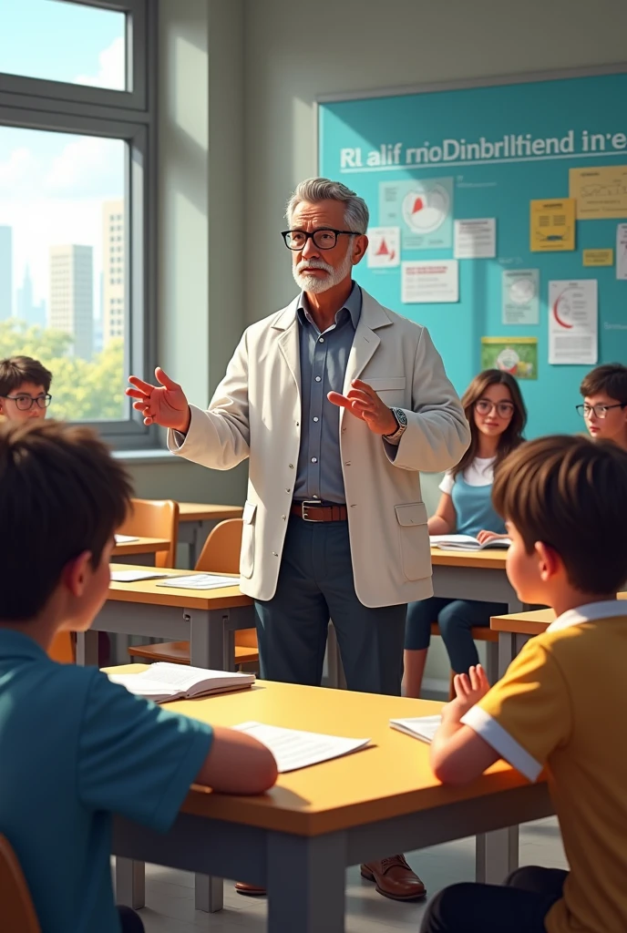 Professor Alex is teaching science. He is explaining about the generation of raining. Students are looking the picture of raining and discussing. David, one of the students, is sleeping.