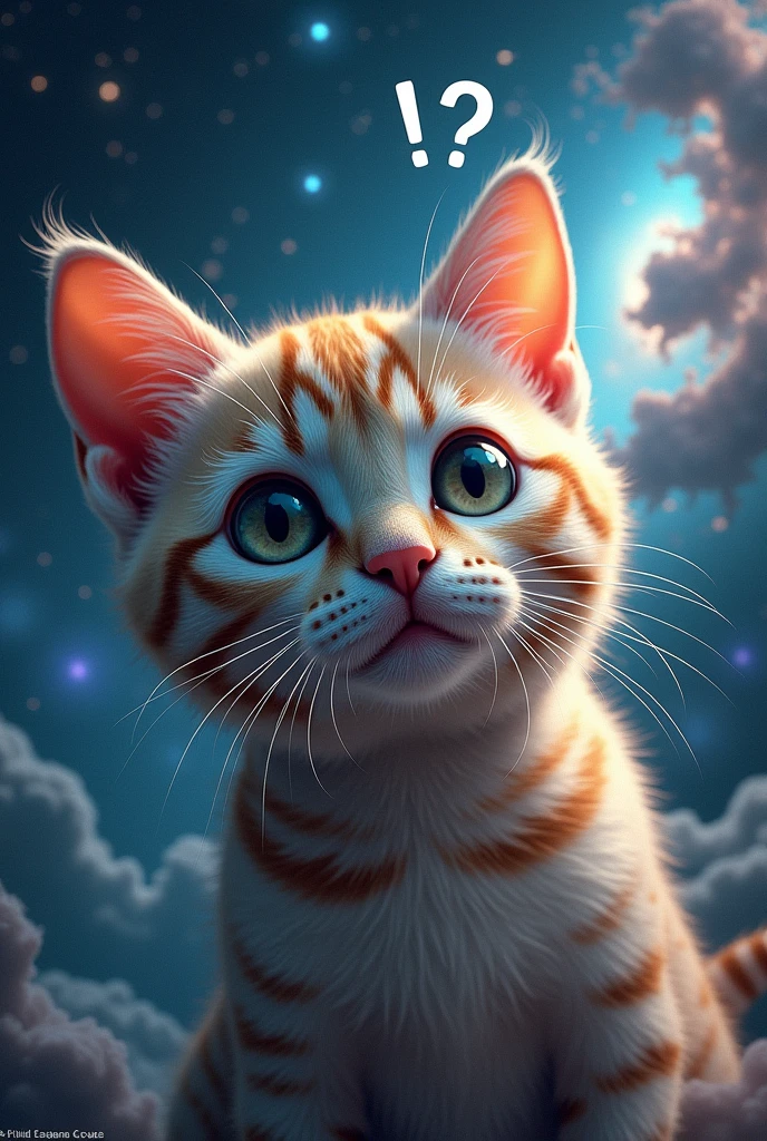 Close-up of a cat face, outer space in the background (stars and galaxies shining beautifully), space cat, large "!?" on the screen is written in large letters on the screen,