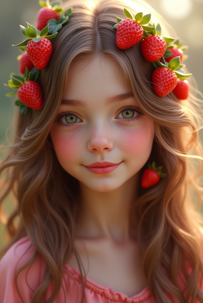 Long haired cute girl with strawberries on her hair