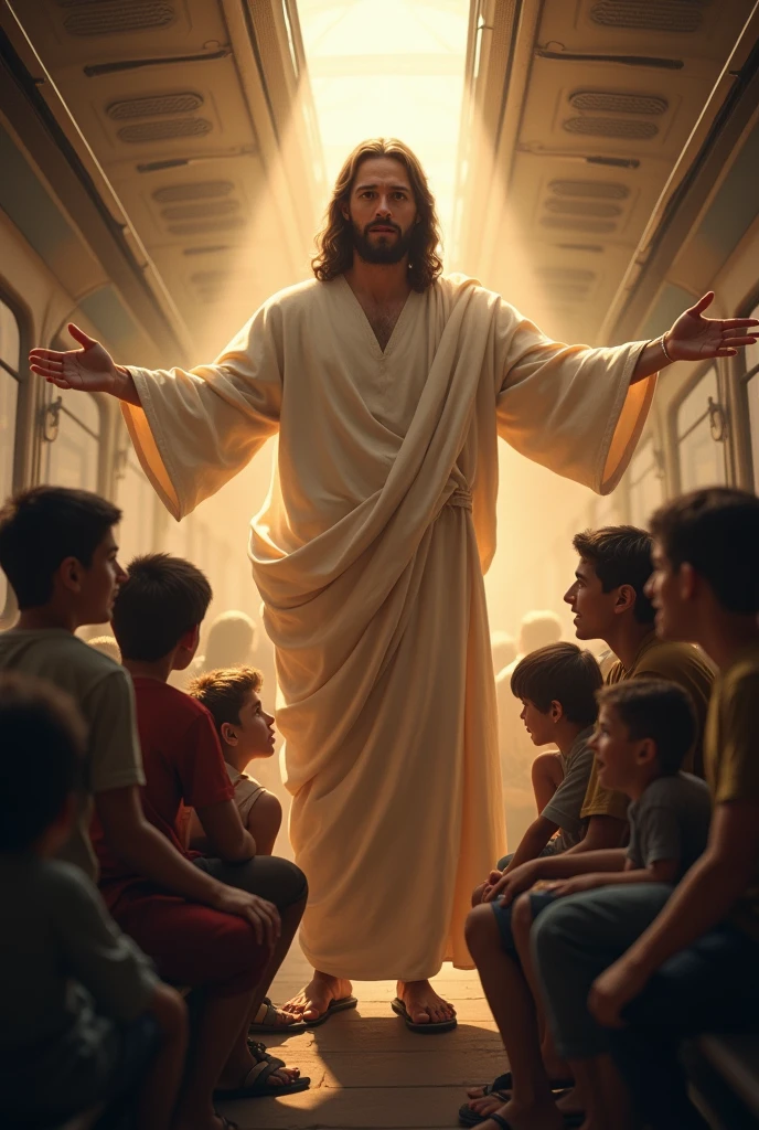 The image should have a serene and hopeful feel, jesus crist safe the boys on train emphasizing the miraculous rescue and the sense of divine protection.

  4k ultra realstick 