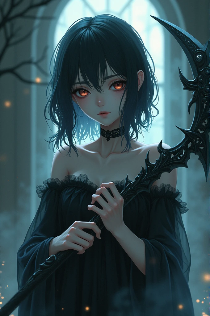 Make a human anime character with undead characteristics that maintains part of its humanity using 2 scythes