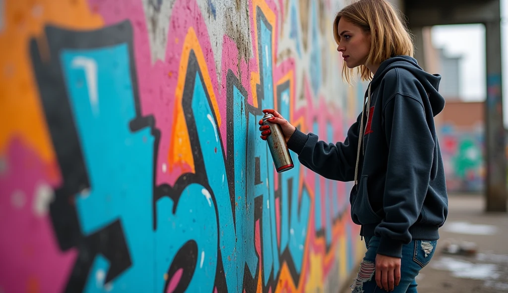(masterpiece, best quality:1.2), (detailed, hyper-detailed, 8K HD, ultra-realistic:1.3), a young woman with a short bob hairstyle standing in front of a large wall, spray-painting vibrant graffiti. She is wearing a dark hoodie, ripped jeans, and sneakers. Her hands are stained with colorful paint, holding a spray can with confidence. The wall is covered in bright, bold colors as she creates a large, expressive piece of street art. The setting is urban, with a gritty, industrial feel. The scene is captured in a dynamic, energetic moment, with paint particles in the air, and the woman looks determined and focused, embodying the spirit of individuality and rebellion.
