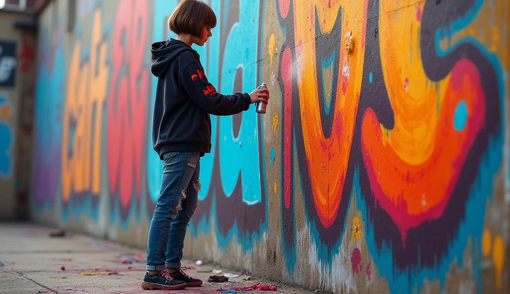 (masterpiece, best quality:1.2), (detailed, hyper-detailed, 8K HD, ultra-realistic:1.3), a young woman with a short bob hairstyle standing in front of a large wall, spray-painting vibrant graffiti. She is wearing a dark hoodie, ripped jeans, and sneakers. Her hands are stained with colorful paint, holding a spray can with confidence. The wall is covered in bright, bold colors as she creates a large, expressive piece of street art. The setting is urban, with a gritty, industrial feel. The scene is captured in a dynamic, energetic moment, with paint particles in the air, and the woman looks determined and focused, embodying the spirit of individuality and rebellion.