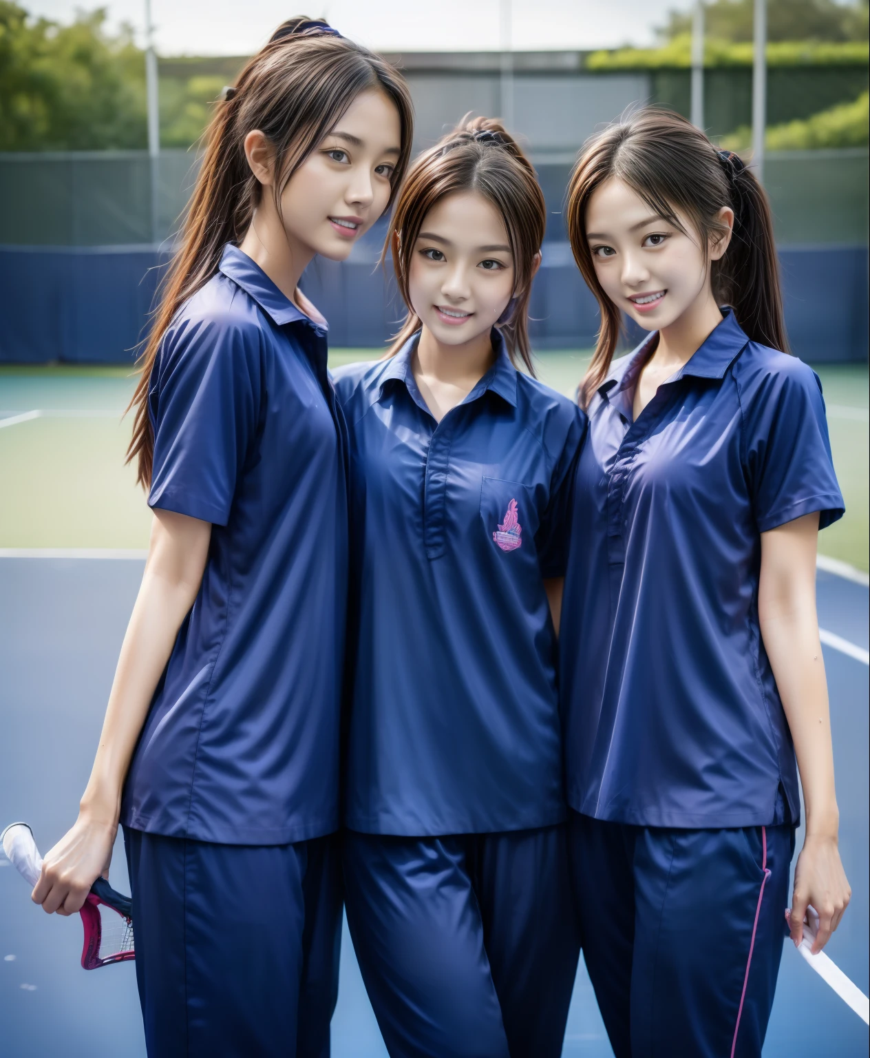 3 girls play tennis at tennis courts, Navy blue short-sleeved shirt,Navy Long Trackpant,Sweatpants, Sweatpantsขายาว,2 girl, lesbian, sexy, exercise clothes, wet body, exercise clothes