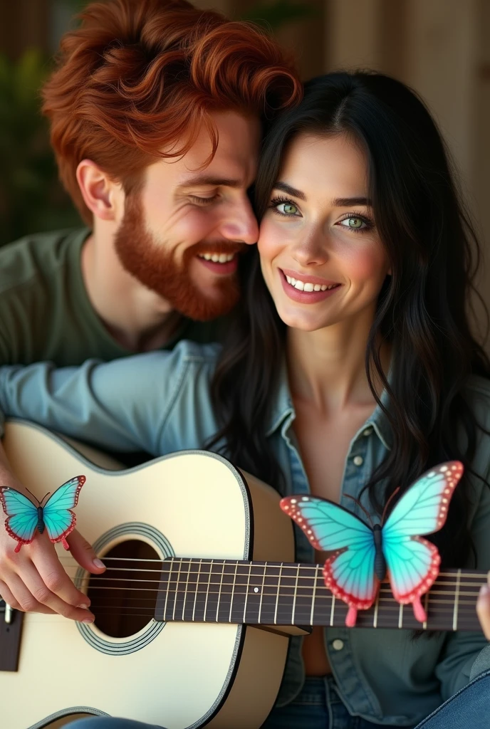 Black haired woman and red haired man, both with green eyes, woman sitting with a guitar in her hands playing, the white guitar with big butterflies drawn on the guitar, blue and red and man behind her helping her play the guitar, both happy and in love, happy love AND HAPPY LAUGHING, They hyperrealistic big 20 year olds and the 2 man beautiful and casual clothes, bearded and handsome man, HYPERREALISTIC 4k ((ultra realistic))) Photo, masterpiece, top quality, (Pale skin), (Ultra detailed face and eyes SMILING IN LOVE.:1.3), 1 girl, And Adult BOY IN LOVE SMILING HAPPY THEY ARE HAPPY