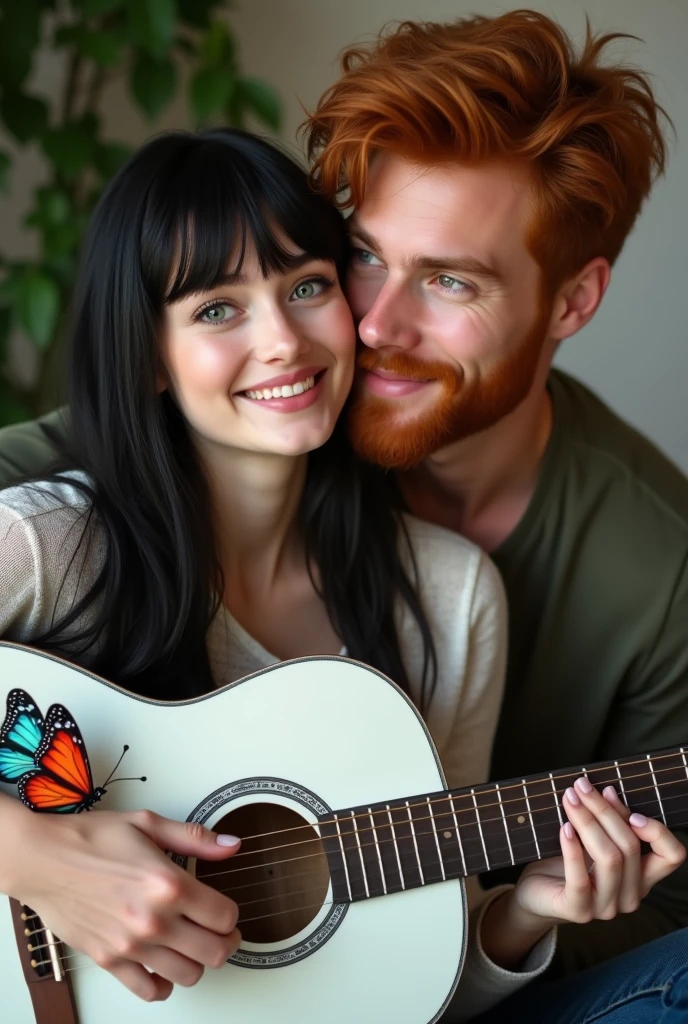 Black haired woman and red haired man, both with green eyes, woman sitting with a guitar in her hands playing, the white guitar with big butterflies drawn on the guitar, blue and red and man behind her helping her play the guitar, both happy and in love, happy love AND HAPPY LAUGHING, They hyperrealistic big 20 year olds and the 2 man beautiful and casual clothes, bearded and handsome man, HYPERREALISTIC 4k ((ultra realistic))) Photo, masterpiece, top quality, (Pale skin), (Ultra detailed face and eyes SMILING IN LOVE.:1.3), 1 girl, And Adult BOY IN LOVE SMILING HAPPY THEY ARE HAPPY