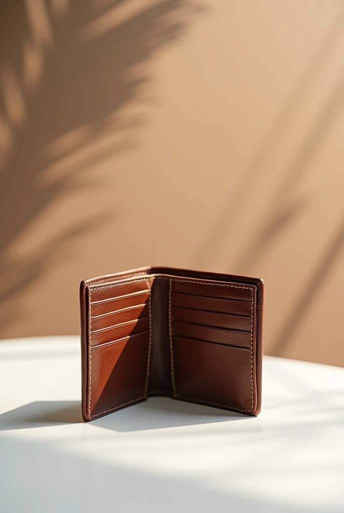 I need a picture of a wallet, This wallet has to look realistic, coffee and on a white surface, I need both sides of the wallet, front and back, The wallet has to be open