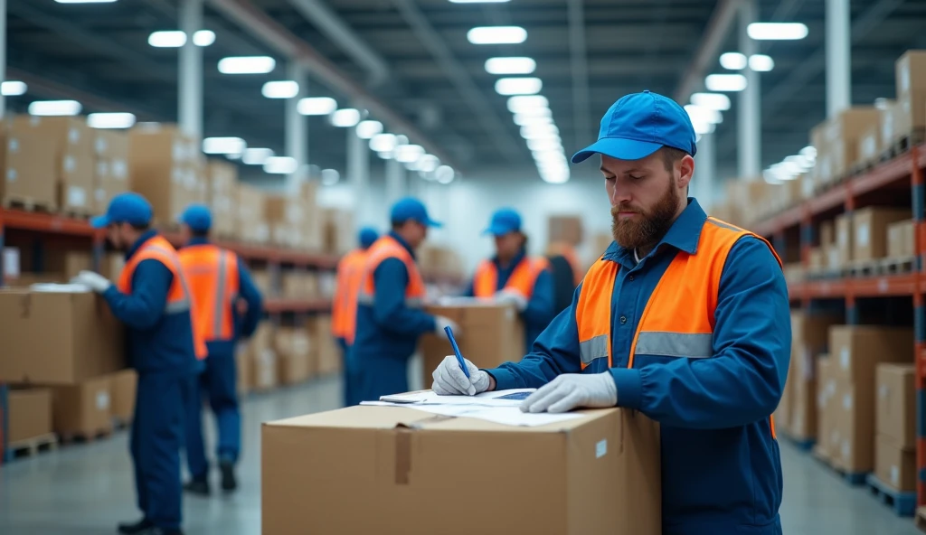 A professional and realistic image of a fulfillment center in Russia where Belarusian citizens are employed. The scene features a clean and well-organized warehouse environment, with workers engaged in tasks such as packaging, sorting, and handling goods. The workers are dressed in blue uniforms and safety vests, indicating a secure and lawful working environment. Visible signs or documents in Russian are present, symbolizing legal employment procedures. The overall atmosphere is efficient and professional, emphasizing the legal and structured nature of the employment for Belarusian citizens in Russia.