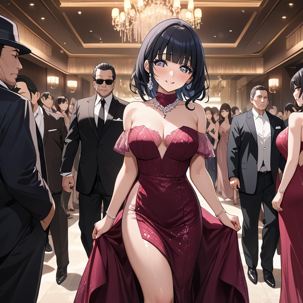 ((Highest quality)), ((masterpiece)), (detailed), (Perfect Face)、The woman is Reika Aoki, the wife of a mafia boss, with medium-long black hair and an engagement ring.、The woman is wearing a gorgeous mafia-like party dress at a luxurious party venue and is being escorted by a mafia boss.、The woman is happily escorted by the mafia boss, making them seem like a happy couple.