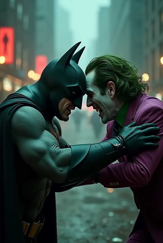 Criar umas imagens, An actorSimilar to Ben Affleck as Batman filmed by Zack Synder, portray inside batman costume, fighting with rage facing the Joker Alike Joaquin Phoenix, cape, variant angles, directed by Zack Synder, captured with award winning photography technique, in a semi dark environment, evoking a sense of darkness and anger, bokeh, grainy, teal and orange colors grading, in urban places/setting, blurry, captured with IMAX, 200mm f2.9, high resolution.