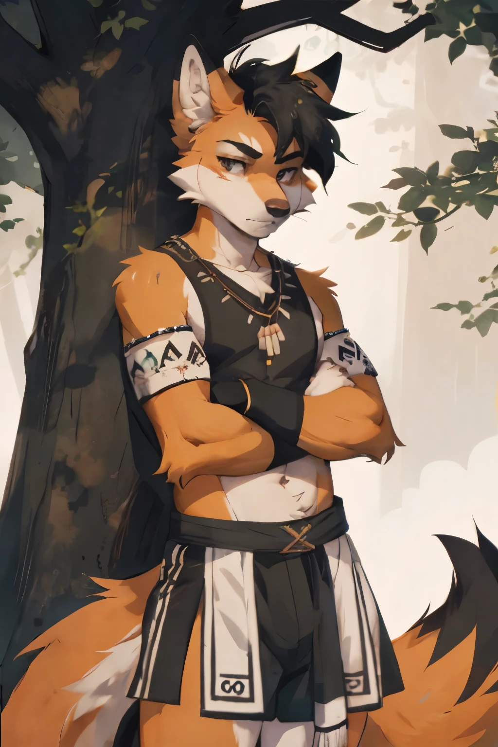 Solo, male, a cute anthro furry fox boy of 20 years old, a single fox tail always, toned, lean, black faux hawk hair, green eyes, by fumiko, by hyattlen, by zackary911, standing, arms crossed, tribal comunity, front view, leaning his back against a tree, serious, orange fur, white fur, tribal outfit