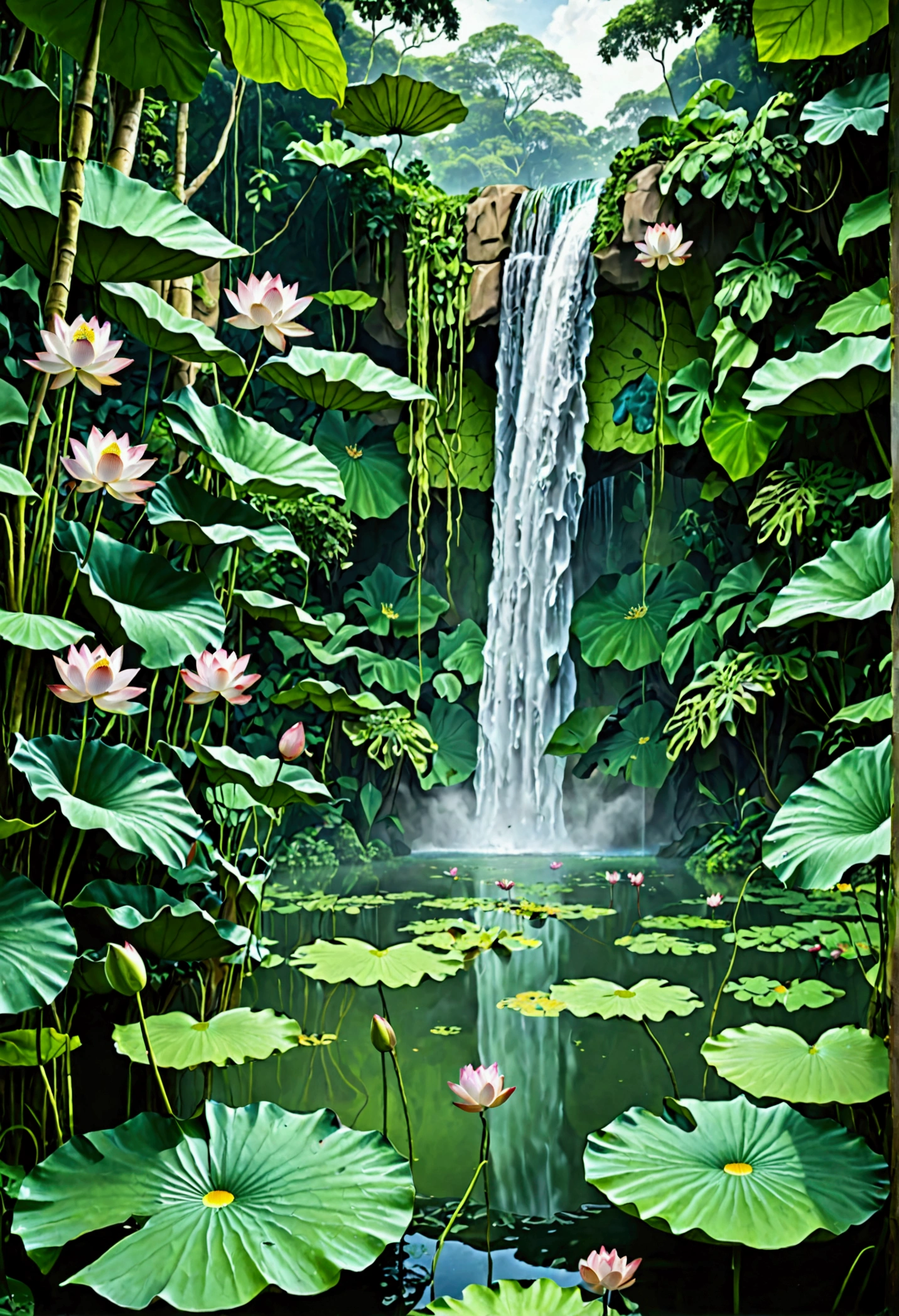 I want to create a realistic photo of a dense jungle with a range of green colors in its trees and a super realistic waterfall that comes out of the jungle and ends in a lake with flowers and grass around it and in the lake beautiful lotus flowers.