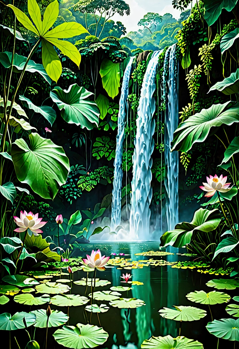 I want to create a realistic photo of a dense jungle with a range of green colors in its trees and a super realistic waterfall that comes out of the jungle and ends in a lake with flowers and grass around it and in the lake beautiful lotus flowers.