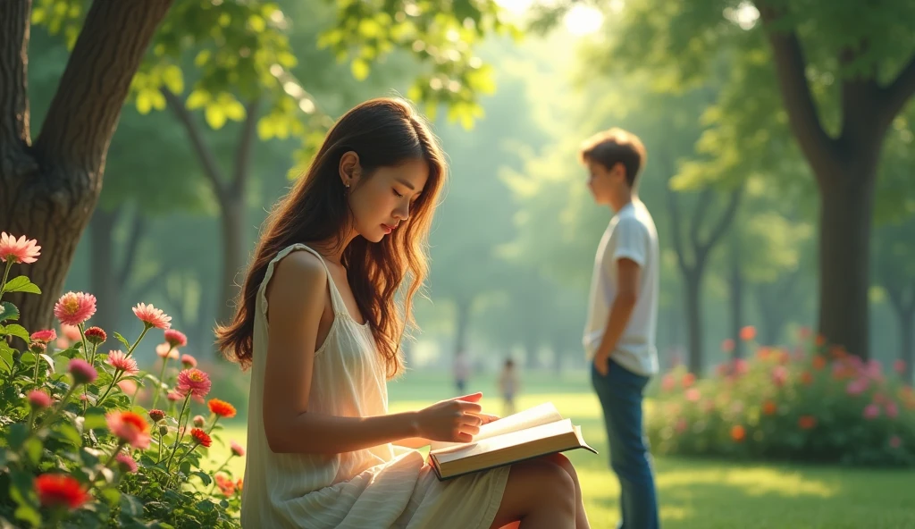 Une jeune femme assise sur un banc dans un parc ensoleillé, entourée d'arbres verdoyants et de fleurs colorées. Elle a de longs cheveux bruns légèrement ondulés et porte une robe légère d'été de couleur pastel. Elle est absorbée par la lecture d'un livre, avec une expression calme et rêveuse sur son visage. Un jeune homme se tient derrière elle, regardant vers elle avec une expression nerveuse mais déterminée. Il a les cheveux courts et châtains, porte une chemise décontractée et un jean. L'arrière-plan montre un parc tranquille, avec des oiseaux qui chantent et des rayons de soleil filtrant à travers les arbres. L'ambiance est douce et romantique, capturant l'instant délicat d'une possible première rencontre. 8k