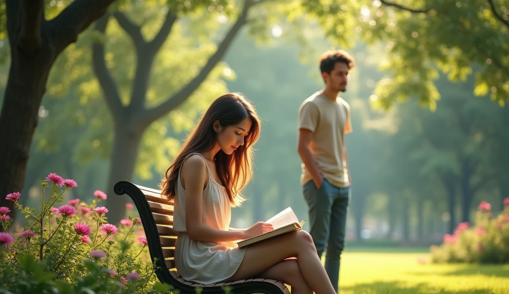 Une jeune femme assise sur un banc dans un parc ensoleillé, entourée d'arbres verdoyants et de fleurs colorées. Elle a de longs cheveux bruns légèrement ondulés et porte une robe légère d'été de couleur pastel. Elle est absorbée par la lecture d'un livre, avec une expression calme et rêveuse sur son visage. Un jeune homme se tient derrière elle, regardant vers elle avec une expression nerveuse mais déterminée. Il a les cheveux courts et châtains, porte une chemise décontractée et un jean. L'arrière-plan montre un parc tranquille, avec des oiseaux qui chantent et des rayons de soleil filtrant à travers les arbres. L'ambiance est douce et romantique, capturant l'instant délicat d'une possible première rencontre. 8k