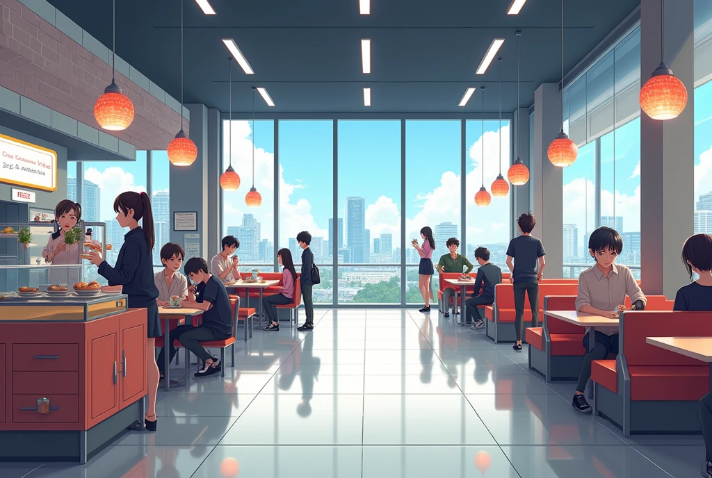 background for 2d game, canteen, modern, anime style