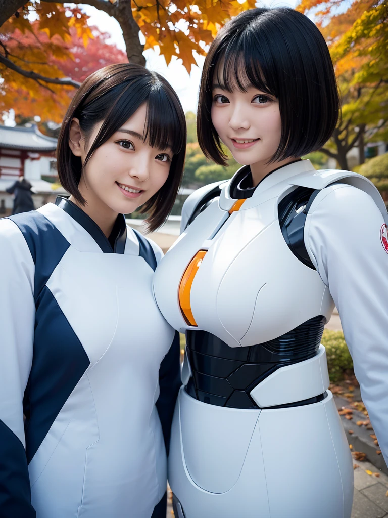 Japanese female android sisters,Black Hair,White and blue robot suit,Plump,Looking up at a shrine amid autumn leaves,Close-up,smile