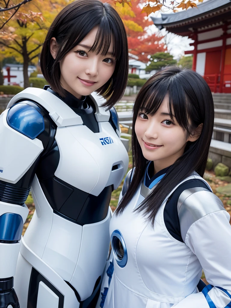 Japanese female android sisters,Black Hair,White and blue robot suit,Plump,Having fun on the beach in the evening,smile
