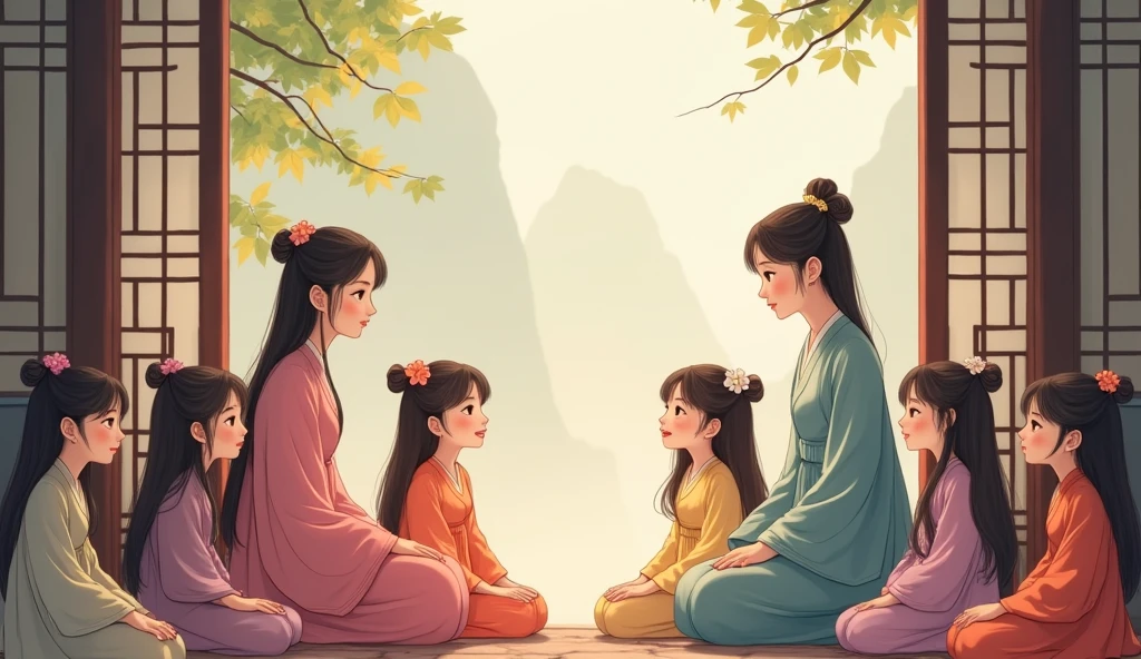 In the simple elegant ancient chinese room 2 young women talking and 5 young girls in different dress color chating and laughing while sitting down.
