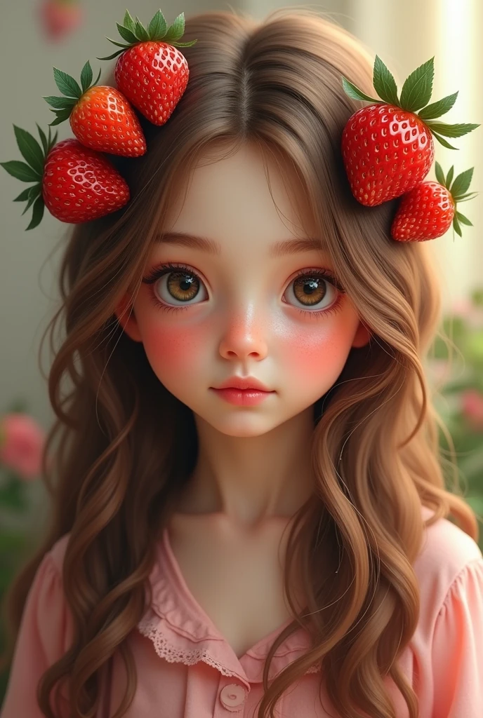 Long haired cute girl with strawberries on her hair