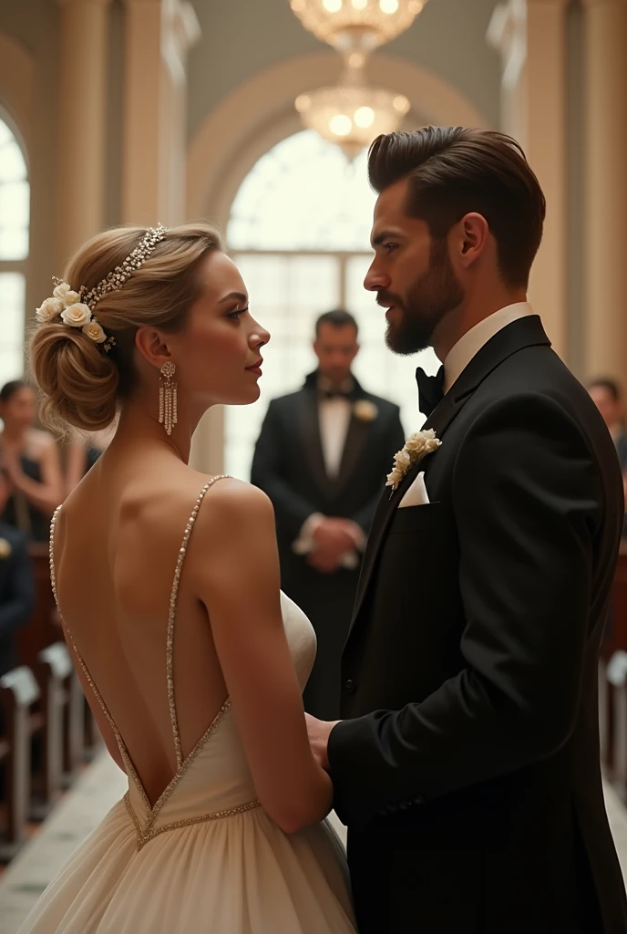 Cinematic action scene for romantic modern novel where beautiful bride and groom positioned at the center, in front of Priest in beautiful and elegant church with soft lighting and full off guests. Bride and Grom stands separate. Cinematic action scene, highly detailed, wide shot, Low Angle Shot, 4K, highly detailed, epic scene, dynamic scene. The Priest stands between the bride and groom, reciting vows. MALEFICENT DANICA, an elegant bride in her 30s. The woman appears elegant and romantic. Her hair is styled in an updo, with her blonde or light brown hair gathered at the back of her head. A decorative hair accessory, resembling a floral or jeweled headband, adorns her hairstyle. She wearing a luxury wedding, as her shoulders and upper chest are bare. The woman is wearing earrings that appear to be dangling or drop-style, adding to her sophisticated look. Her makeup is noticeable but elegant, with what appears to be darker eye makeup enhancing her eyes. Her facial expression is soft but tense. Her eyes are nearly closed, and her lips are slightly parted, conveying a sense of emotional anticipation. PEYGAN SINCLAIR, a handsome man in his early 30s. The man looks elegant and stylish. He has a well-styled haircut featuring a classic look. His hair is medium-length with a slight wave, adding volume and texture, while the sides and back appear shorter and neatly trimmed. The hairstyle is likely achieved with a side part, giving it a clean, refined appearance.His beard and mustache that complements his strong jawline. His skin tone is fair, and his features are sharp and defined. He is dressed in a classic black suit with a white shirt and bow tie. His facial expression is calm and focused. His eyes are nearly closed. Overall, the man gives the impression of an elegant, well-groomed, and confident person. The lighting in the scene creates a soft outline of their profile, adding drama and depth to the image.