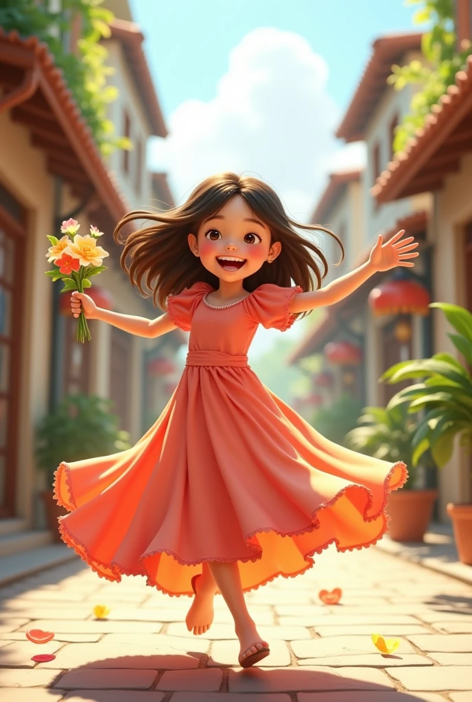 A laughing  girl dancing in a beautiful street holding some paper craft flowers in her one hand.. She must wear a long dress
