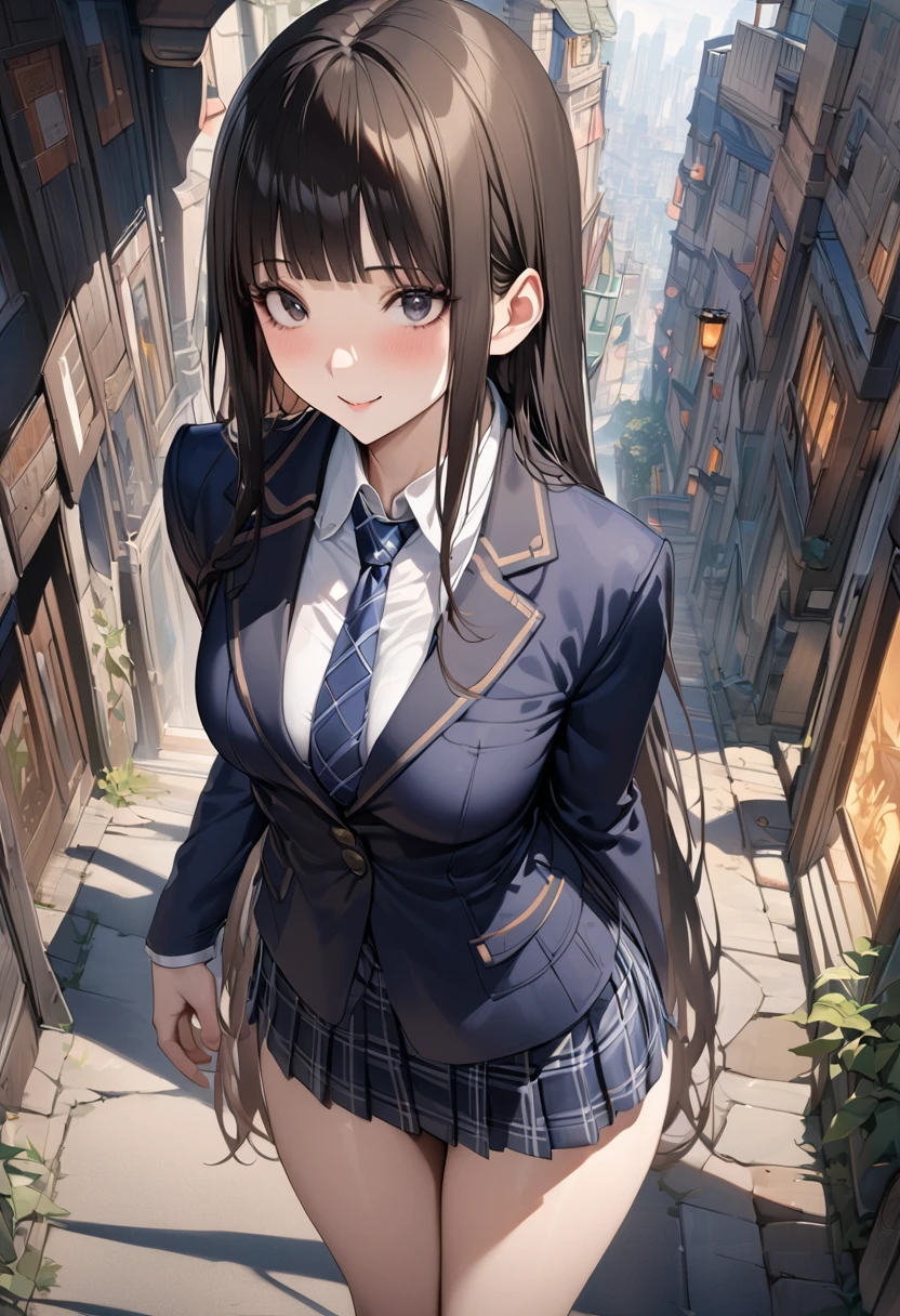 Fantasy art、((masterpiece,best quality anime,Highest quality:1.3)),realistic,portrait,1woman,(Mature Beauty),((very small head:1.4)),((very long body:1.3)),long hair,black hair,bangs,(gorgeous big eyes),black eyes,smile,(School uniform、Dark blue blazer jacket、Navy blue tie、Dark blue plaid mini skirt),white collared shirt,((slender body:1.3,skinny:1.2)),medium breasts,on road,Magic City、High-rise buildings、A world of magic and fantasy,