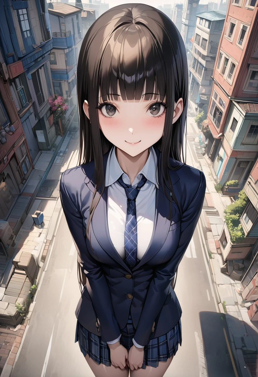 Fantasy art、((masterpiece,best quality anime,Highest quality:1.3)),realistic,portrait,1woman,(Mature Beauty),((very small head:1.4)),((very long body:1.3)),long hair,black hair,bangs,(gorgeous big eyes),black eyes,smile,(School uniform、Dark blue blazer jacket、Navy blue tie、Dark blue plaid mini skirt),white collared shirt,((slender body:1.3,skinny:1.2)),medium breasts,on road,Magic City、High-rise buildings、A world of magic and fantasy,