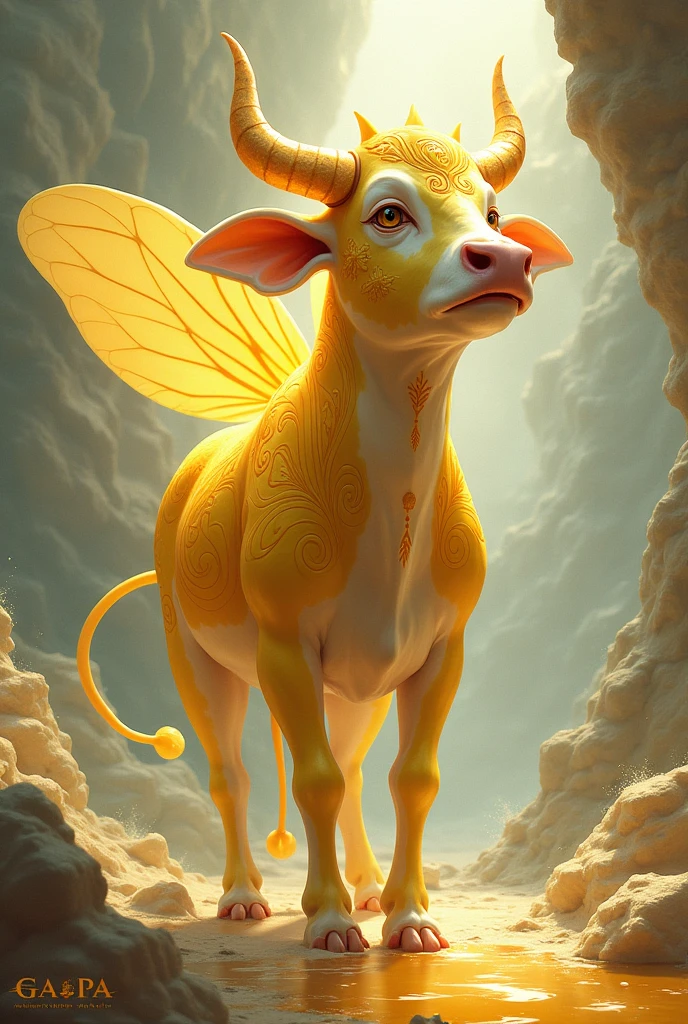 A cow and bee mixed together, produced honey milk, female, adult humaniod female