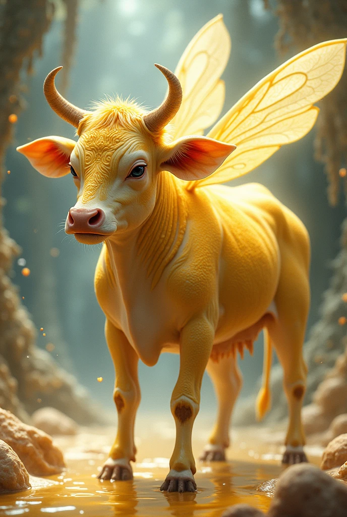 A cow and bee mixed together, produced honey milk, female, adult humaniod female