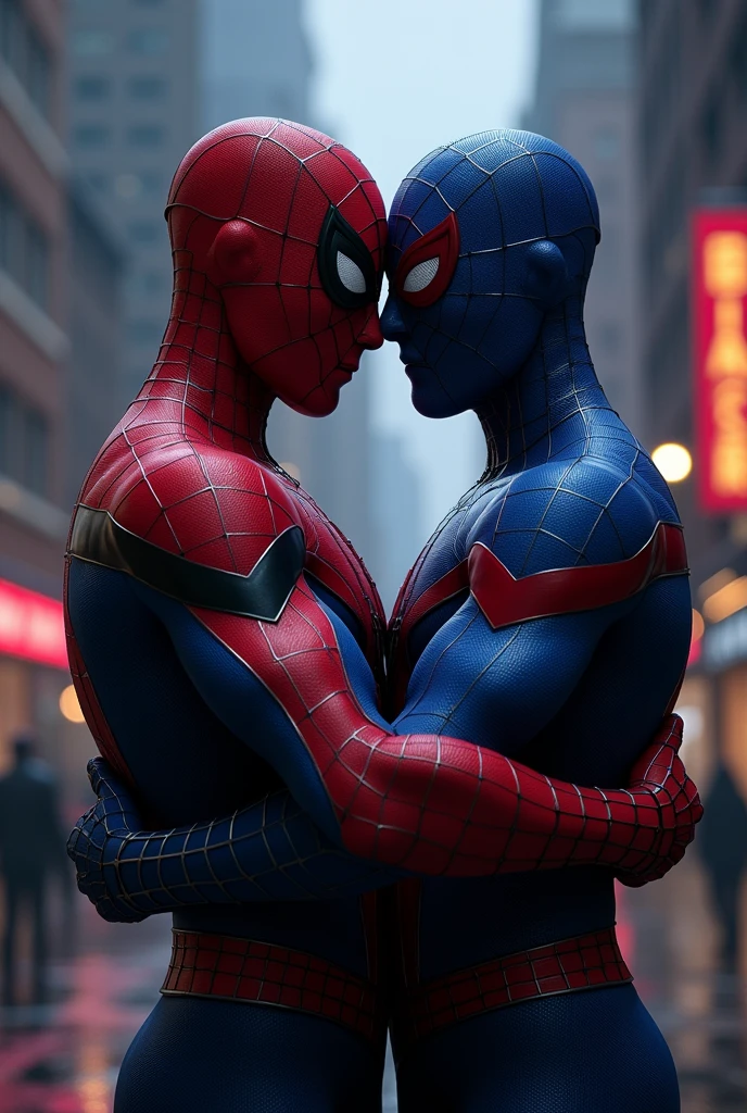 Two spiderman brother hugging each other 