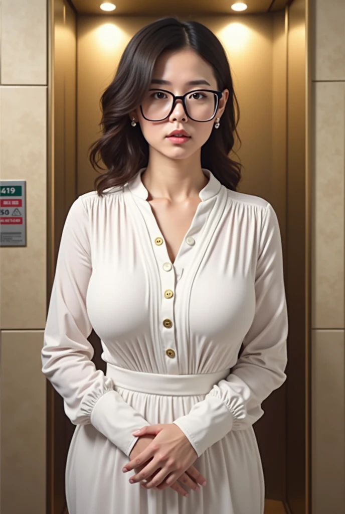 (live-action:1.9), High Resolution))) Very realistic, Like a photograph, masterpiece, (Japan man wearing glasses:1.9), (A small middle-aged Japanese man hugs a woman from behind:1.9), Detailed elevator scenario, Detailed background of the elevator, Sexy tall blonde European standing (Woman 1) (Anne Hathaway:1.9), (The woman is wearing a formal long dress:1.9), (Women have big thighs and thick buttocks), (((Cleavage))), (Long legs), (pantyhose), (High heels), (((Facial expression of disgust))), Blushed, (The man is wearing tattered clothes)
