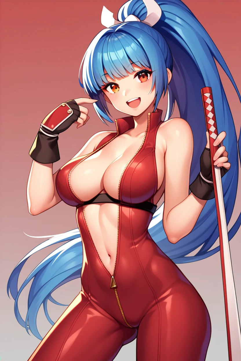 Score_9, score_8_up, score_7_up,score_6_up, score_5_up, score_4_up , 1girl, solo, ((Split hair)), ((brown hair)), ((blue hair)). heterochromia, brown eyes and red eyes, PonyShiranui, japanese clothes, revealing clothes, cleavage, high ponytail, kula, blue hair, red eyes, bodysuit, gloves, zipper, happy, cowboy shot, Forrest background