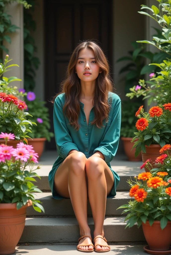 Vibrant outdoor portrait of a young woman sitting on stone steps surrounded by lush greenery and potted plants. She has long, wavy brown hair and fair skin, with a thoughtful expression on her face. She is wearing a teal blouse with rolled-up sleeves and a long, mini short pant, paired with light brown flats. The background features a variety of colorful flowers in terracotta pots, and a dark wooden door is visible in the distance, adding depth to the scene. The overall composition is balanced and serene, highlighting the natural beauty of the setting and the subject.