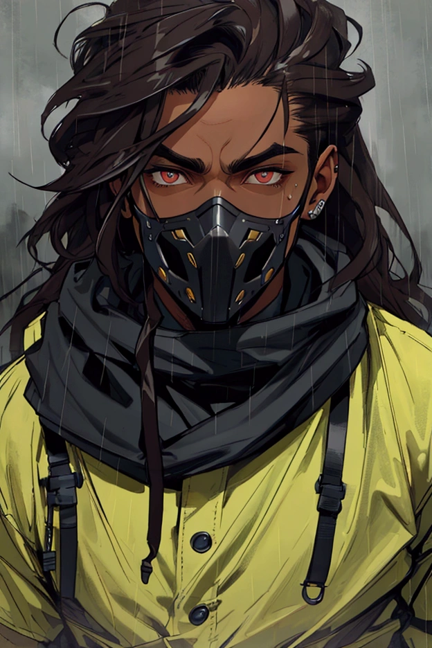 naughty man, brown skinned, slickedback hair, with mask on mouth, dark shaped eyes, JUST THE FACE, in the rain, the night, ((best quality, extreme quality, masterpiece)), realism --auto --s2